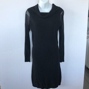 H by HALSTON LBD, black stretchy knit dress, cowl neck, mesh sleeves, sz M
